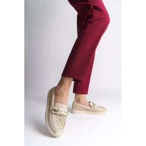 LIZY Bağcıksız Ortopedik Rahat Taban Çiçek Desenli Kadın Babet Ayakkabı  CKT - Krem