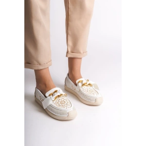 LYDIA Bağcıksız Ortopedik Rahat Taban Çiçek Desenli Kadın Babet Ayakkabı  CKT - Beyaz