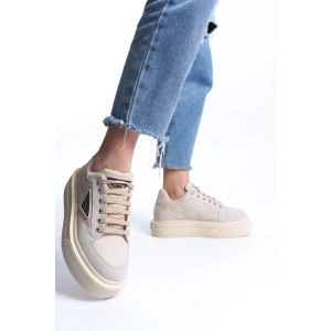 PRAG Bağcıklı Ortopedik Taban Desenli Kadın Sneaker Spor Ayakkabı  CKT - Krem
