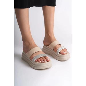 SARAH Düz Topuklu Taşlı Şeritli Kalın ve Ortopedik Taban Kadın Terlik  CKT - Krem