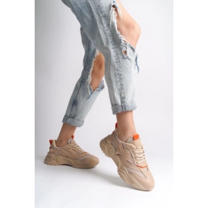 TOKYO Bağcıklı Ortopedik Taban Triko Detaylı Kadın Spor Ayakkabı  TTT - Ten/Turuncu