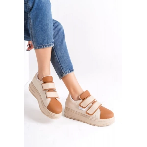 VALENCIA Bağcıksız Cırt Cırtlı Ortopedik Taban Kadın Sneaker Spor Ayakkabı CTT - Ten/Kahve