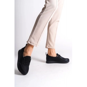VIOLET Bağcıklı Lastikli Ortopedik Rahat Taban Cilt Detaylı Klasik Kadın Babet Anne Ayakkabısı CST - Siyah
