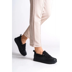 VIOLET Bağcıklı Lastikli Ortopedik Rahat Taban Taş Detaylı Klasik Kadın Babet Anne Ayakkabısı  CST - Siyah