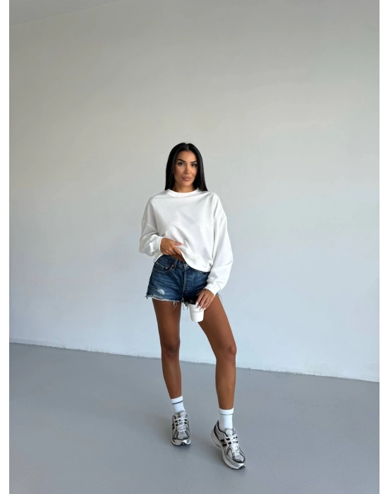 2 İplik Bisiklet Yaka Sweat Beyaz F2339