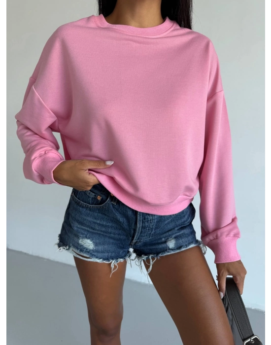 2 İplik Bisiklet Yaka Sweat Pembe F2339