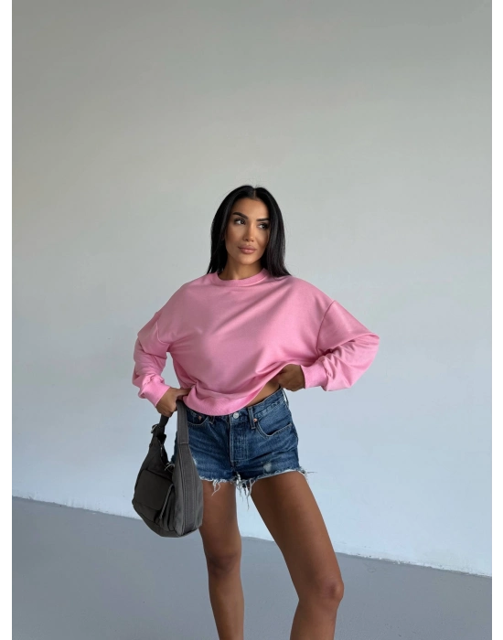 2 İplik Bisiklet Yaka Sweat Pembe F2339