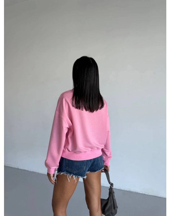 2 İplik Bisiklet Yaka Sweat Pembe F2339