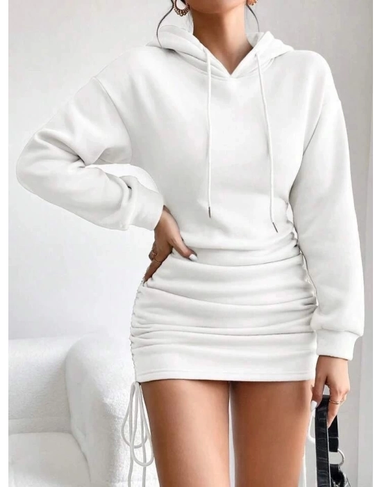 3 İplik Şardonlu Kompact Kapşonlu Elbise Beyaz