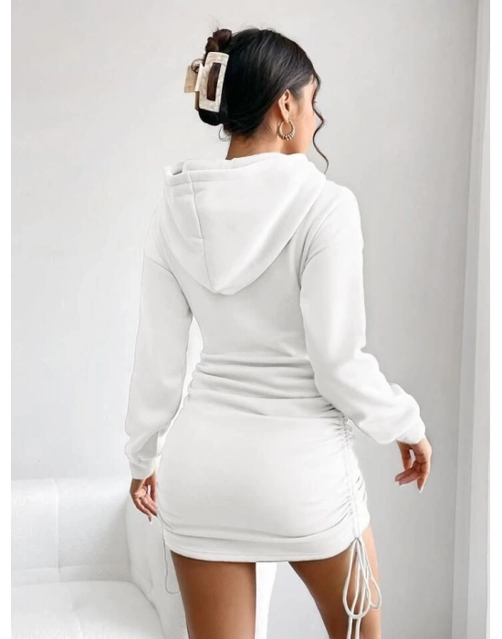 3 İplik Şardonlu Kompact Kapşonlu Elbise Beyaz