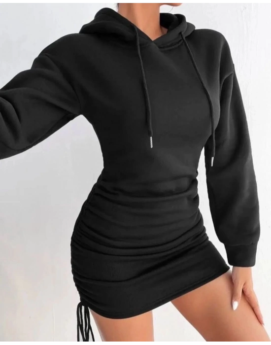 3 İplik Şardonlu Kompact Kapşonlu Elbise Siyah