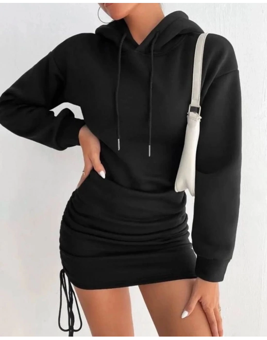 3 İplik Şardonlu Kompact Kapşonlu Elbise Siyah