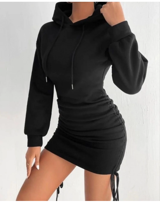 3 İplik Şardonlu Kompact Kapşonlu Elbise Siyah