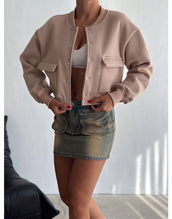3 İplik Şardonlu Önü Çıtçıtlı Cepli Ceket Bej F2226
