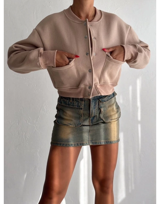 3 İplik Şardonlu Önü Çıtçıtlı Cepli Ceket Bej F2226