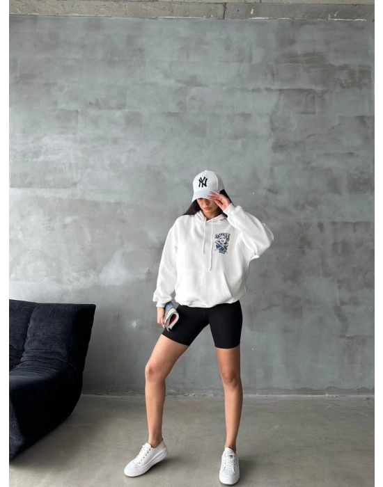 3 İplik Şardonlu Oversize Compact Kafa Baskılı Sweat Beyaz