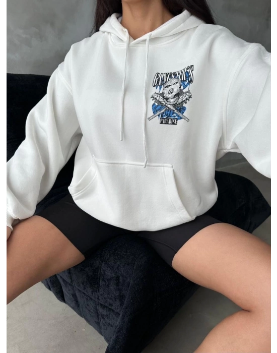 3 İplik Şardonlu Oversize Compact Kafa Baskılı Sweat Beyaz