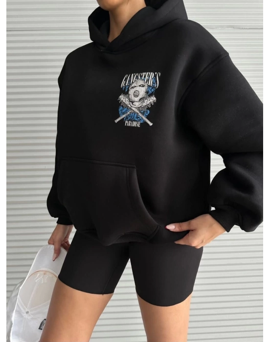 3 İplik Şardonlu Oversize Compact Kafa Baskılı Sweat Siyah