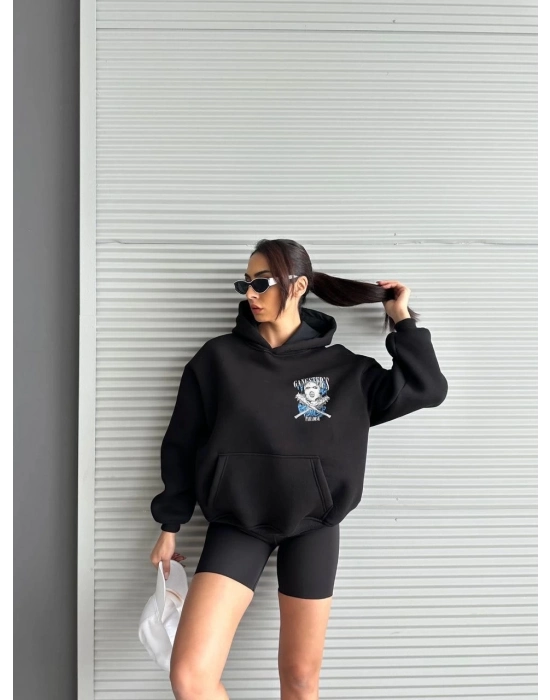 3 İplik Şardonlu Oversize Compact Kafa Baskılı Sweat Siyah