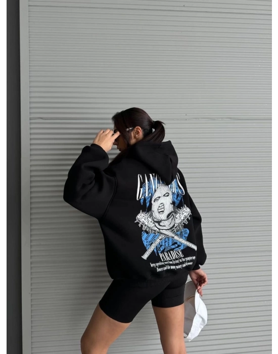 3 İplik Şardonlu Oversize Compact Kafa Baskılı Sweat Siyah