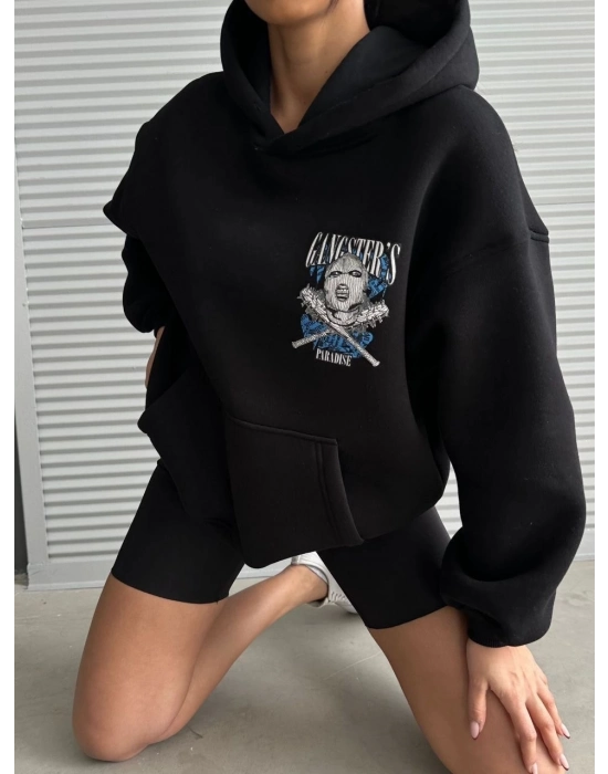 3 İplik Şardonlu Oversize Compact Kafa Baskılı Sweat Siyah