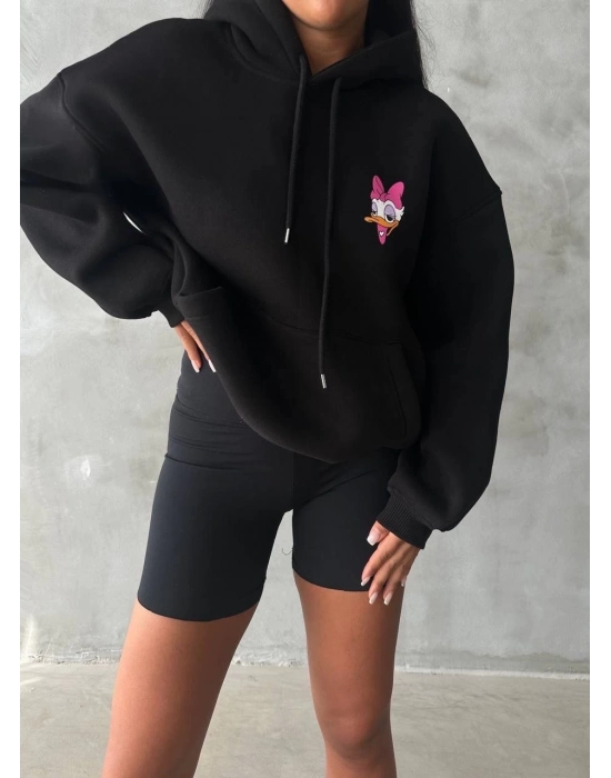 3 İplik Şardonlu Oversize Compact Ördek Baskılı Sweat Siyah