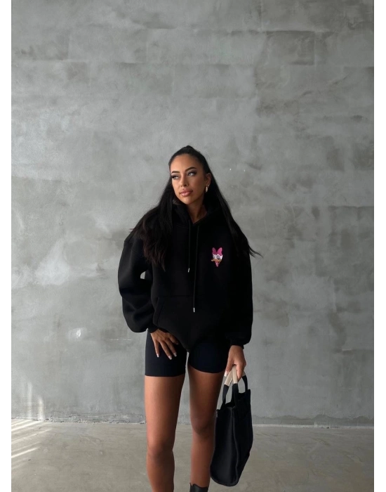 3 İplik Şardonlu Oversize Compact Ördek Baskılı Sweat Siyah