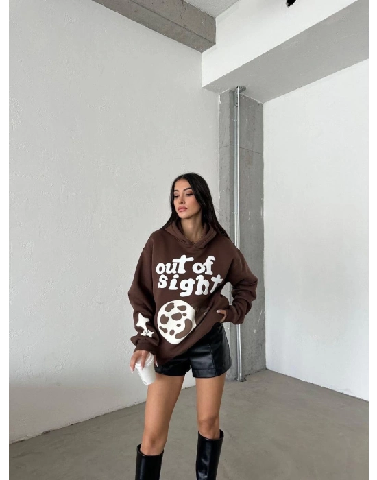 3 İplik Şardonlu Oversize Compact Out Of Baskılı Sweat Kahve