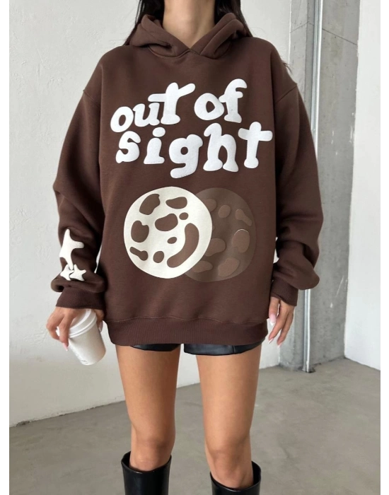 3 İplik Şardonlu Oversize Compact Out Of Baskılı Sweat Kahve