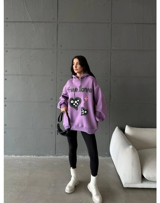 3 İplik Şardonlu Oversize Compact True Baskılı Sweat Mor