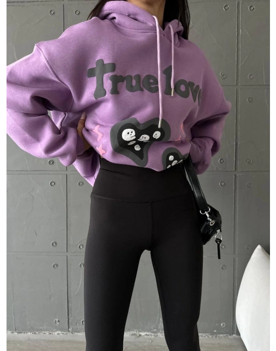 3 İplik Şardonlu Oversize Compact True Baskılı Sweat Mor