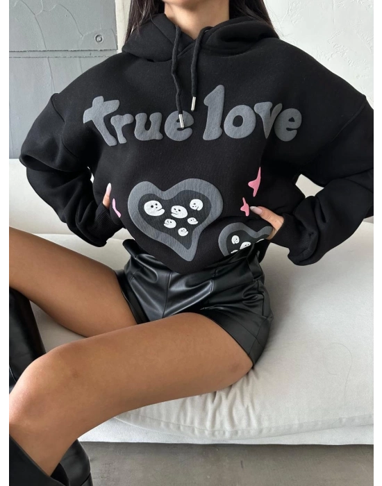 3 İplik Şardonlu Oversize Compact True Baskılı Sweat Siyah