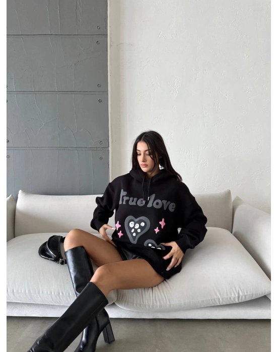 3 İplik Şardonlu Oversize Compact True Baskılı Sweat Siyah