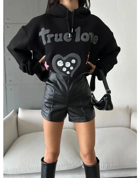 3 İplik Şardonlu Oversize Compact True Baskılı Sweat Siyah