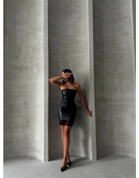 Altı Dantelli Straplez Deri Elbise Siyah W240419