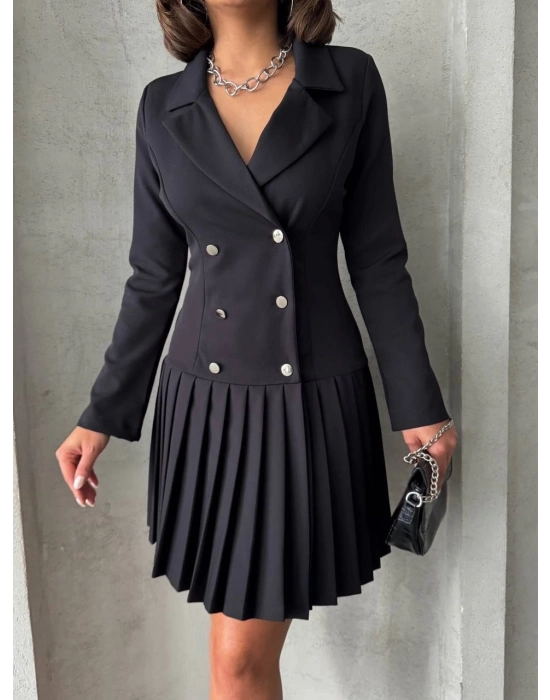 Altı Piliseli Uzun Kollu Ceket Elbise Siyah S255016