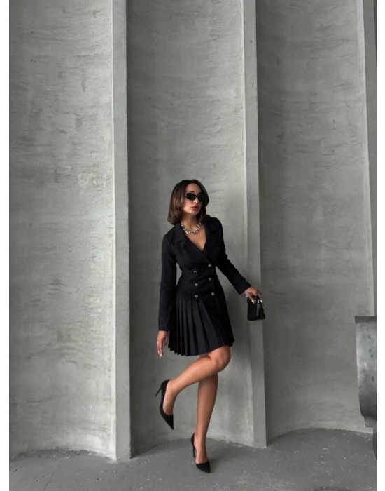 Altı Piliseli Uzun Kollu Ceket Elbise Siyah S255016