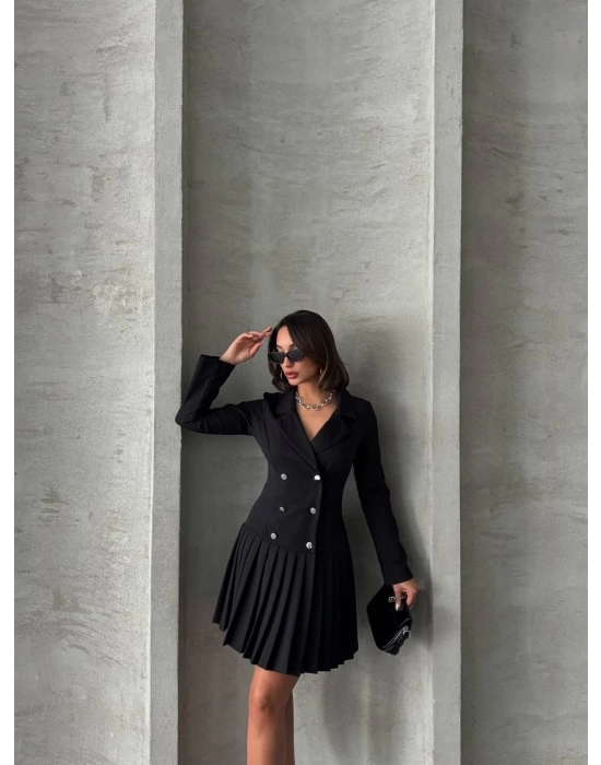 Altı Piliseli Uzun Kollu Ceket Elbise Siyah S255016