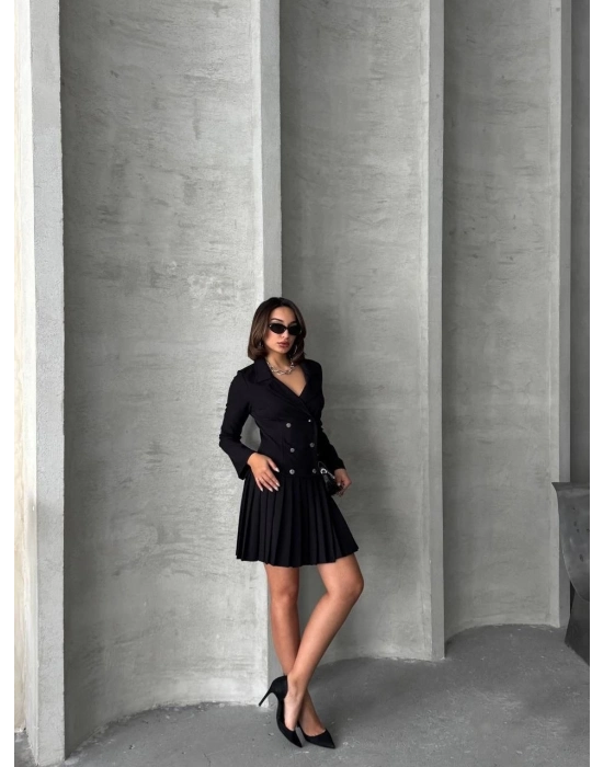 Altı Piliseli Uzun Kollu Ceket Elbise Siyah S255016