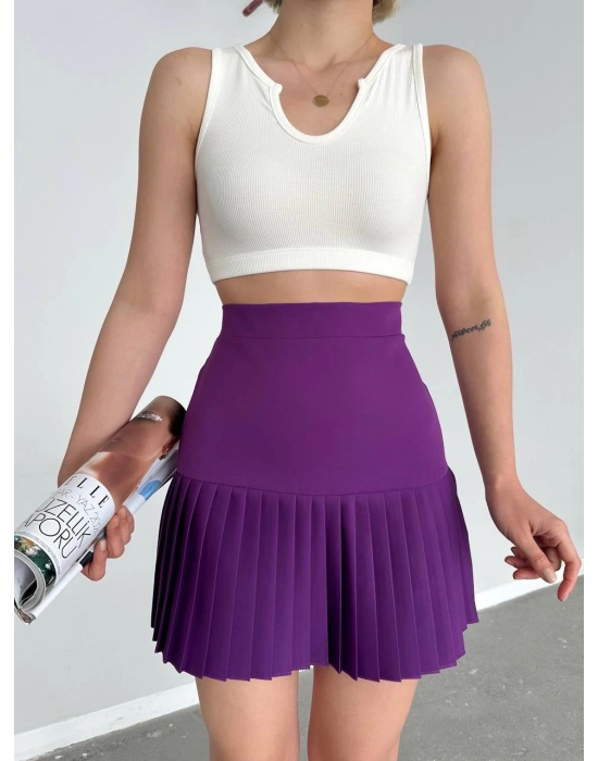Altı Pliseli Mini Etek Mor S24705