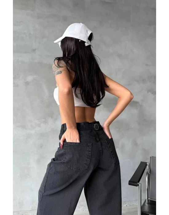 Arkadan Tokalı Jeans Pantolon Siyah