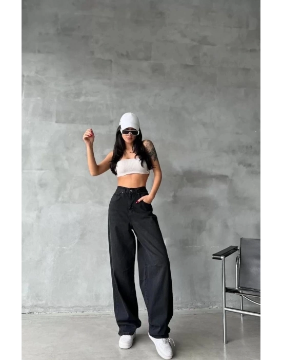 Arkadan Tokalı Jeans Pantolon Siyah