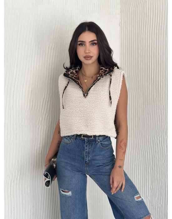 Astarlı Kapşonlu Kuzu Yelek Beyaz T1243