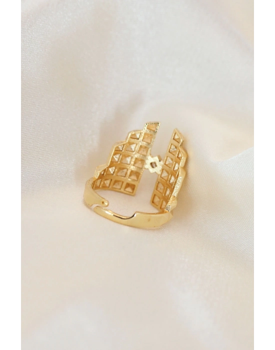 Ayarlamalı Gold Renk Metal Zirkon Taşlı Piramit Yüzük - Bamido