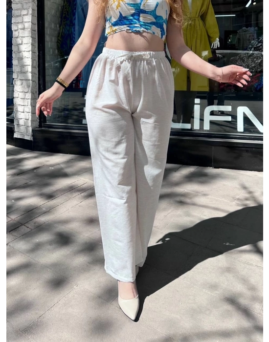 Bağcıklı Keten Pantolon Krem