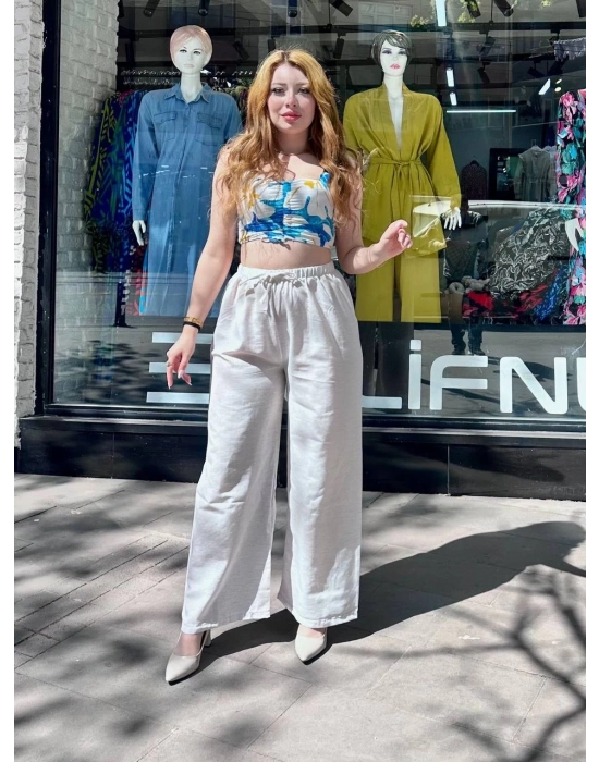 Bağcıklı Keten Pantolon Krem