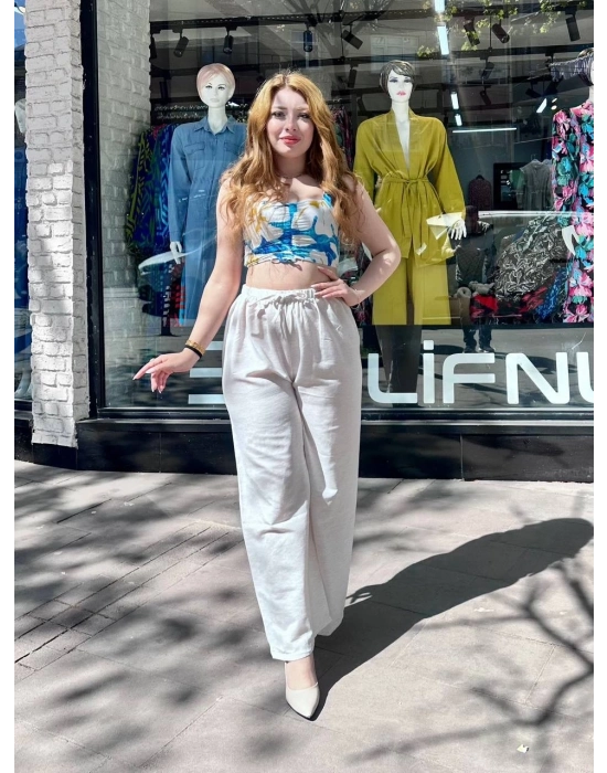 Bağcıklı Keten Pantolon Krem