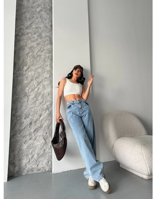 Baggy Kar Yıkama Orta Mavi Jeans Pantolon D2007