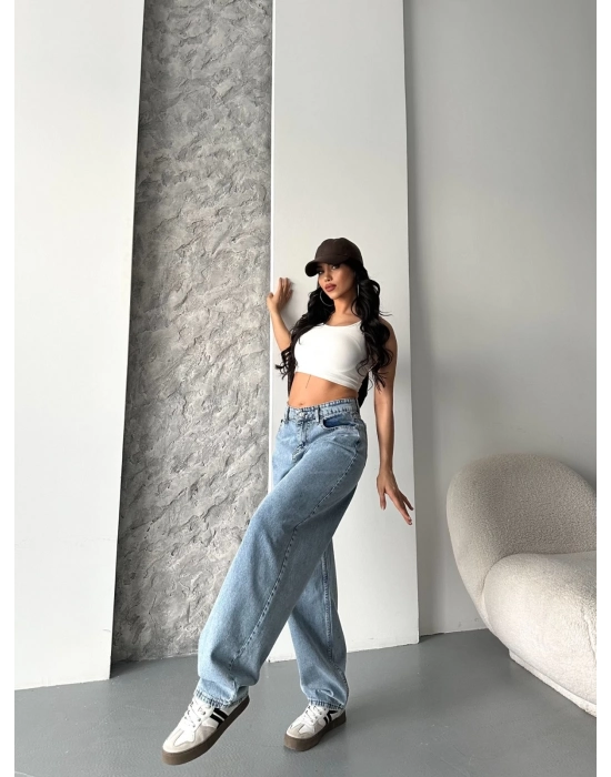 Baggy Kar Yıkama Orta Mavi Jeans Pantolon D2007