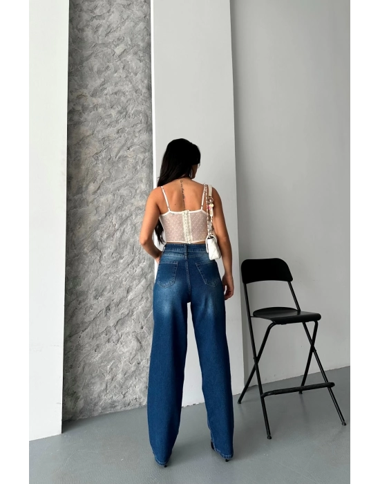 Baggy Süper Taş Bıyık Yıkama Koyu Mavi Jeans Pantolon D2007